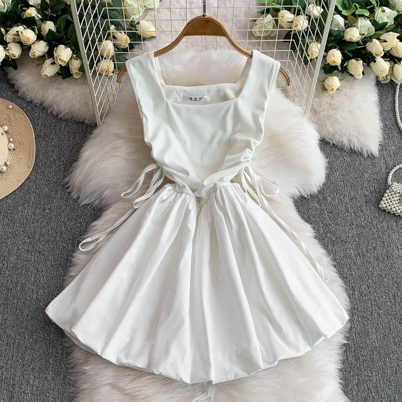 

Hepburn Style Black Square Collar Vest Dress Women Summer New Drawstring Waist Hugging Slimming Puffy Flower Buds Black Dress White All yards