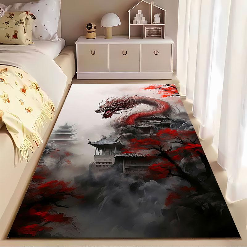 Red Dragon Amid Mystic Temple suitable as a non-slip mat for the living room or bedroom sofa