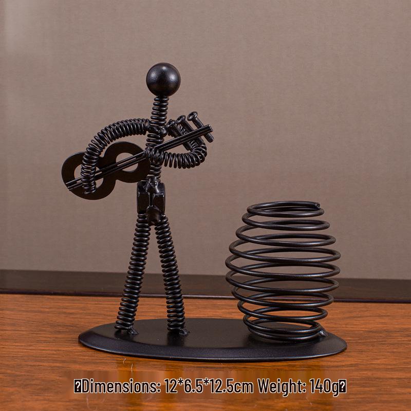 Mini Iron Man Desktop Pen Holder Ornament - Wrought Iron Decorative Craft for Home Decor