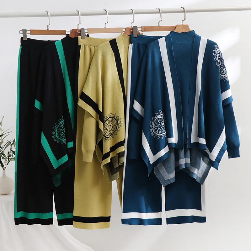 Элегантный цветочный узор вязаный костюм-тройка осень-зима трикотажный топ и широкие — фото 7