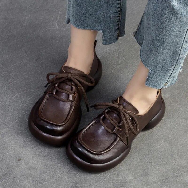 Johnature Genuine Leather Retro Handmade Thick Sole Versatile Pumps Casual Lace-up Women's Shoes
