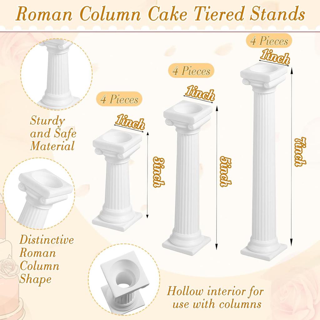 27-Piece Cake Tier Stacking Kit - Includes 12 Roman Columns (3 Sizes), 6 Cake Boards (12/16/20cm), and 9 Dowel Rods for Wedding and Tiered Cakes