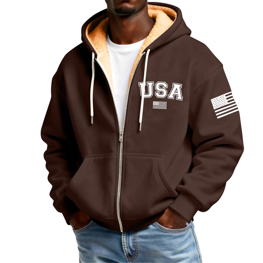 Men's Flag Print Fleece-Lined Zip-Up Pocket Hooded Sweatshirt Cardigan Men's Casual Sweatshirt Cardigan