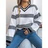 V-neck Contrasting Color Striped Lantern Long-sleeved Pullover Sweater for Women In Autumn and Winter