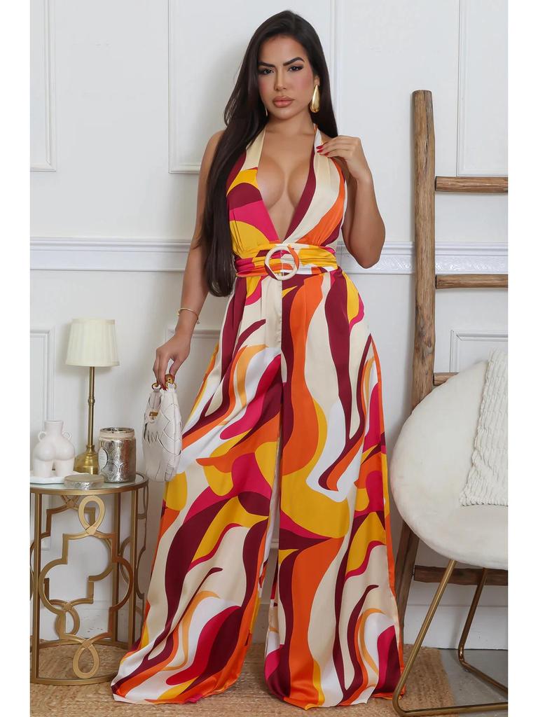 Bedruckter lässiger ärmelloser rückenfreier Jumpsuit mit Trägern und tiefem V-Ausschnitt, weitem Bein für Damen