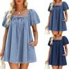 Women's Summer Denim Puff Sleeve Dress with Square Neck and Tie-Up Detail