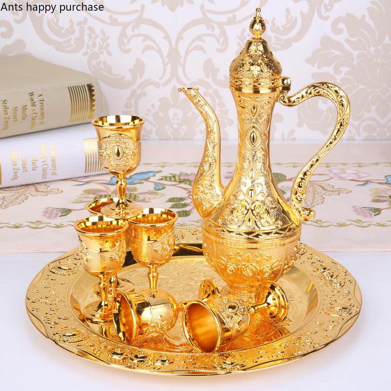 Palace Style Wine Set Metal Hip Flask Wine Glass 8-piece Set Wedding Drinkware Wine Glass Set Shot Glasses Sets Exquisite Gift