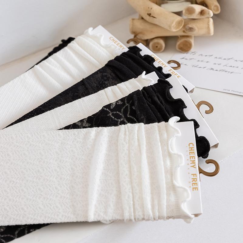 Polka Dot Socks for Women Summer Black Fungus Fringed Pile Socks Thin Mesh Mid-calf Socks Japanese-style Lace Socks