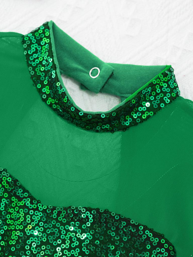 Kids Girls Sparkly Dance Outfit Stand Collar Crop Top Mesh Patchwork Open Back with Skirt