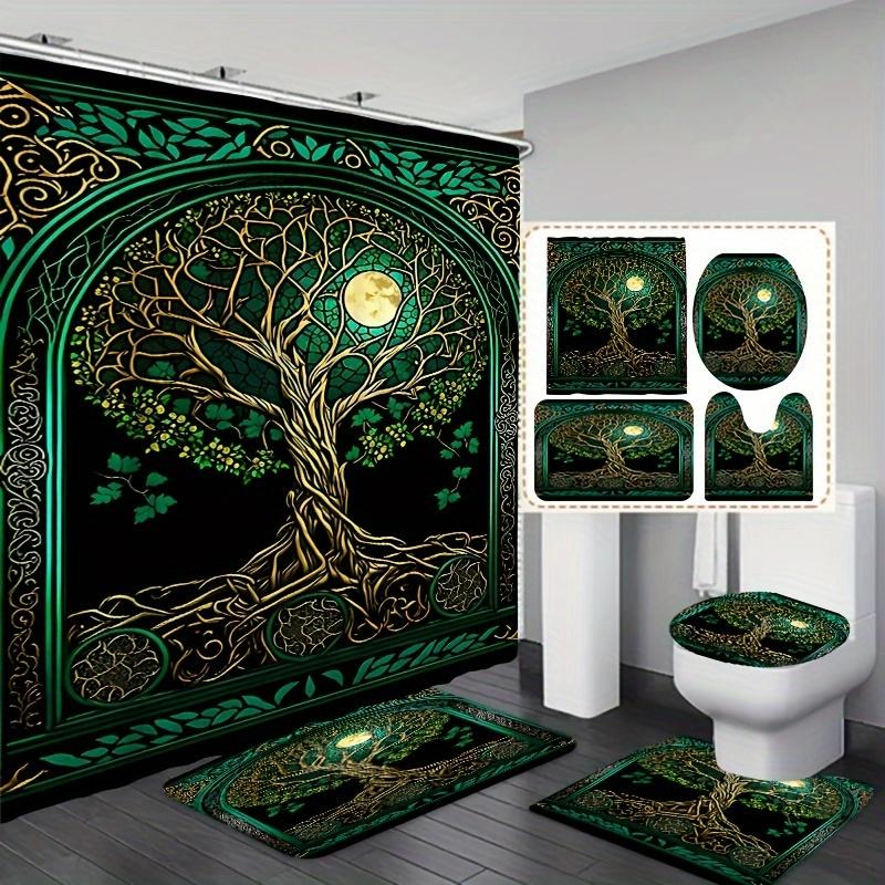 Green Rattan Tree Moonlight Shower Curtain Set | Waterproof Curtain, 12 Hooks, Mold Resistant, Machine Washable, Home Decor
