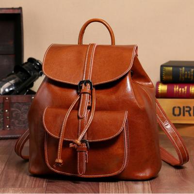 Genuine Waxed Leather Drawstring Women Backpacks Flap Ladies Travel Bag Stylish Korean Girl's School Bags