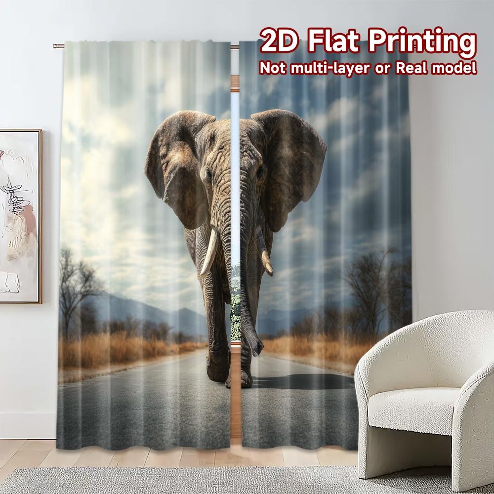 2pcs, 2D FLAT PRINTING Curtains (Without Rod) Elephant Stroll Popular Fashionable Curtains Durable Polyester Curtains Holiday