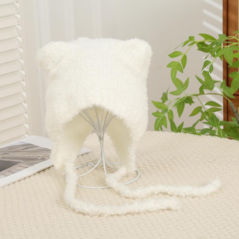 Winter Women Cute Warm Beanie with Bear Era Earmuffs Outdoor Travel Cycling Knitt Thick Fluffy Warm Pullover Cap for Autumn