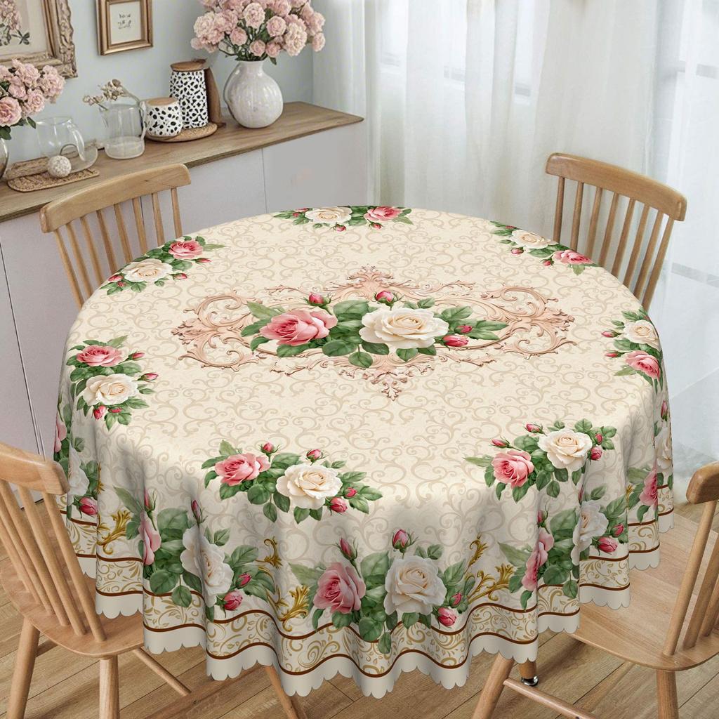 Round Dining Table Cloth, Rose Retro Pattern Waterproof And Oil-Proof Leave-In Tablecloth Household Long Dining Table Cloth