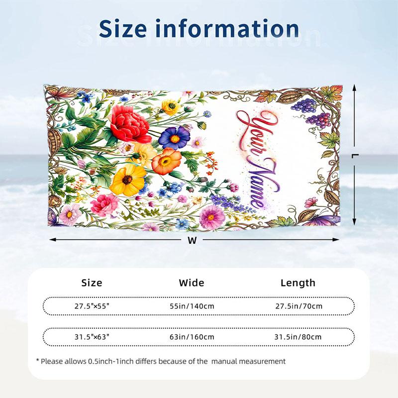 Floral Garden Theme Beach Towel Personalized Custom Name & Text Soft Quick Dry Beach Towel for Swimming Travel