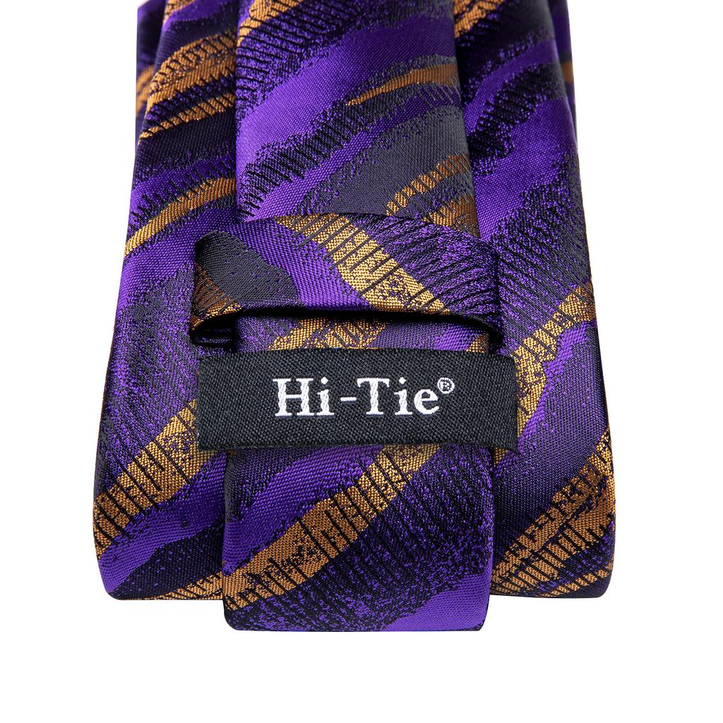 Hi-Tie Fashion Mens Striped Necktie Purple Tie Hanky Cufflinks for Wedding Business Party