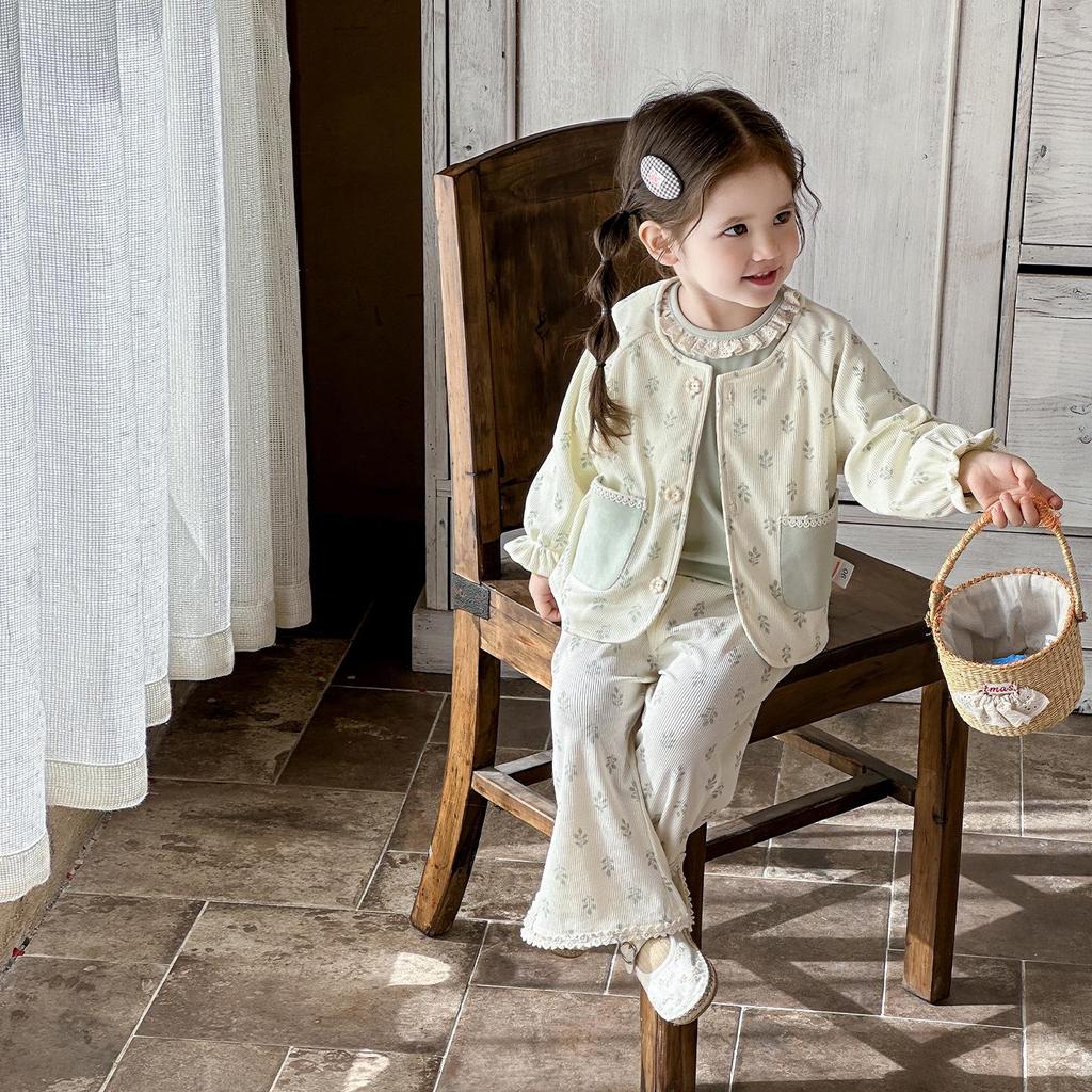 Spring 2026 Baby Girl Three-Piece Set: Flare Pants, Printed Top, and Jacket