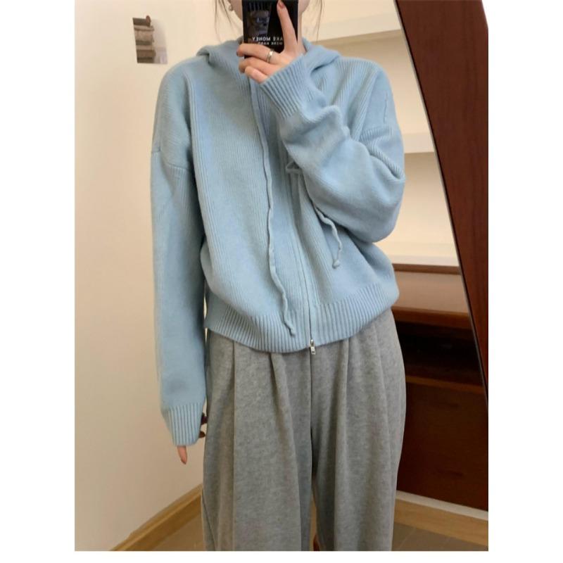 Solid color double zipper hooded knitted cardigan women's autumn and winter new loose casual simple sweater jacket