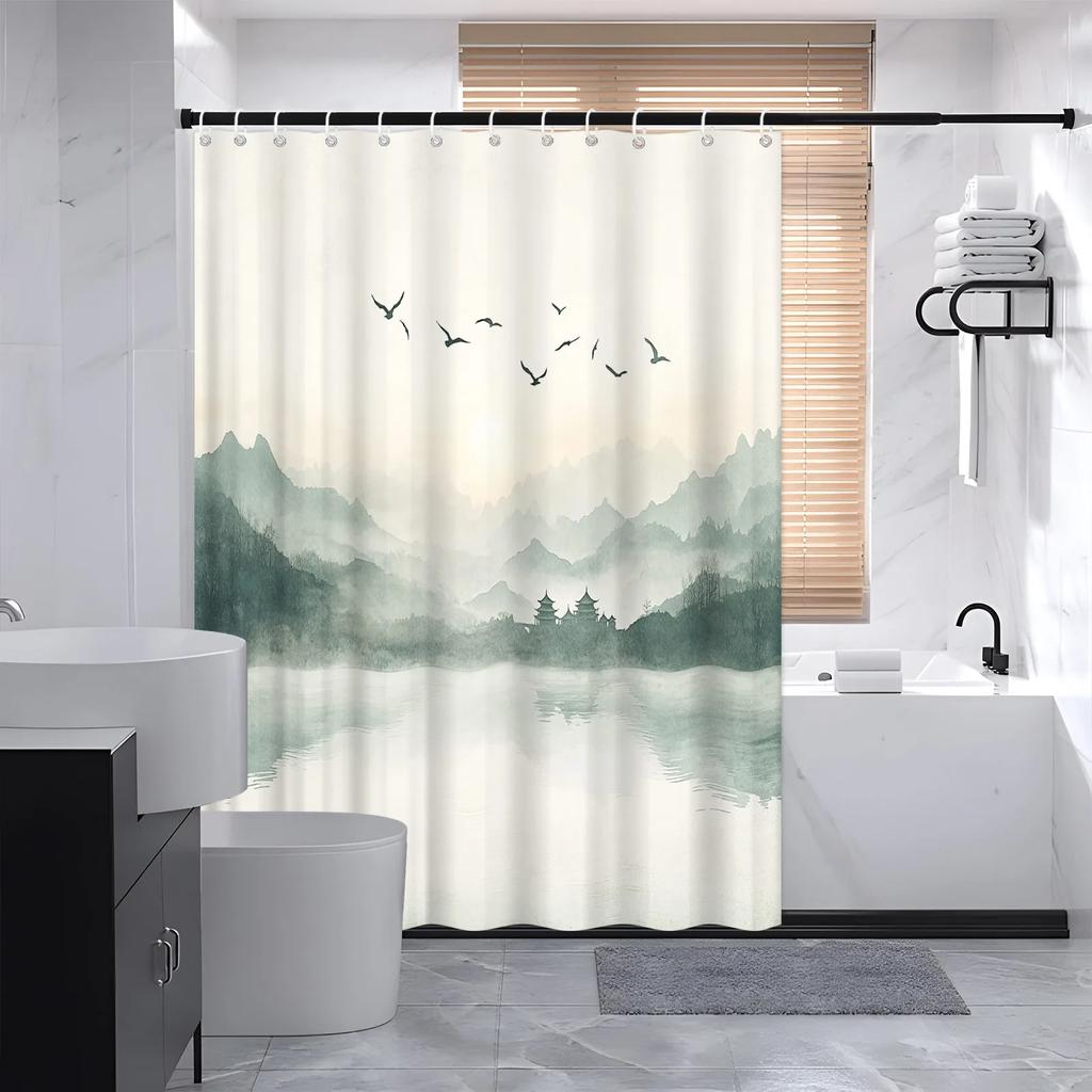 Misty Mountain Sunrise Shower Curtain - Serene Nature Scene with Birds, Machine Washable,12 Hooks, 70.8x70.8In,Modern Bath Decor