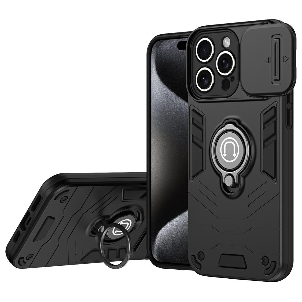 For iPhone 15 Pro Max Case PC+TPU Ring Kickstand Phone Cover with Slide Lens Lid