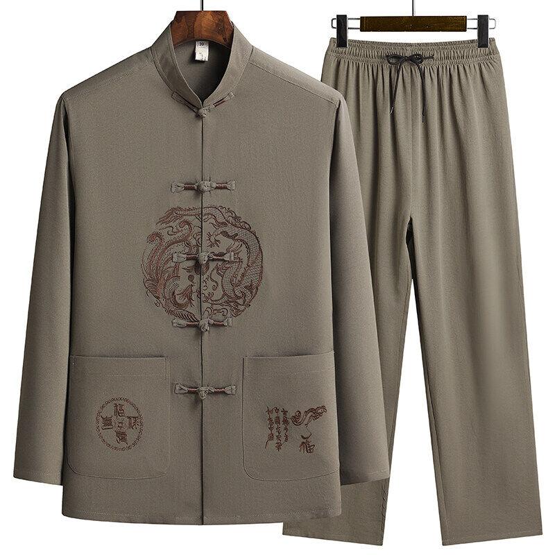 Male Printing Chinese Style Long Sleeves Shirts Trouser Cotton Silk Fabric Sportswear Men's Casual Sets Shirts + Pants
