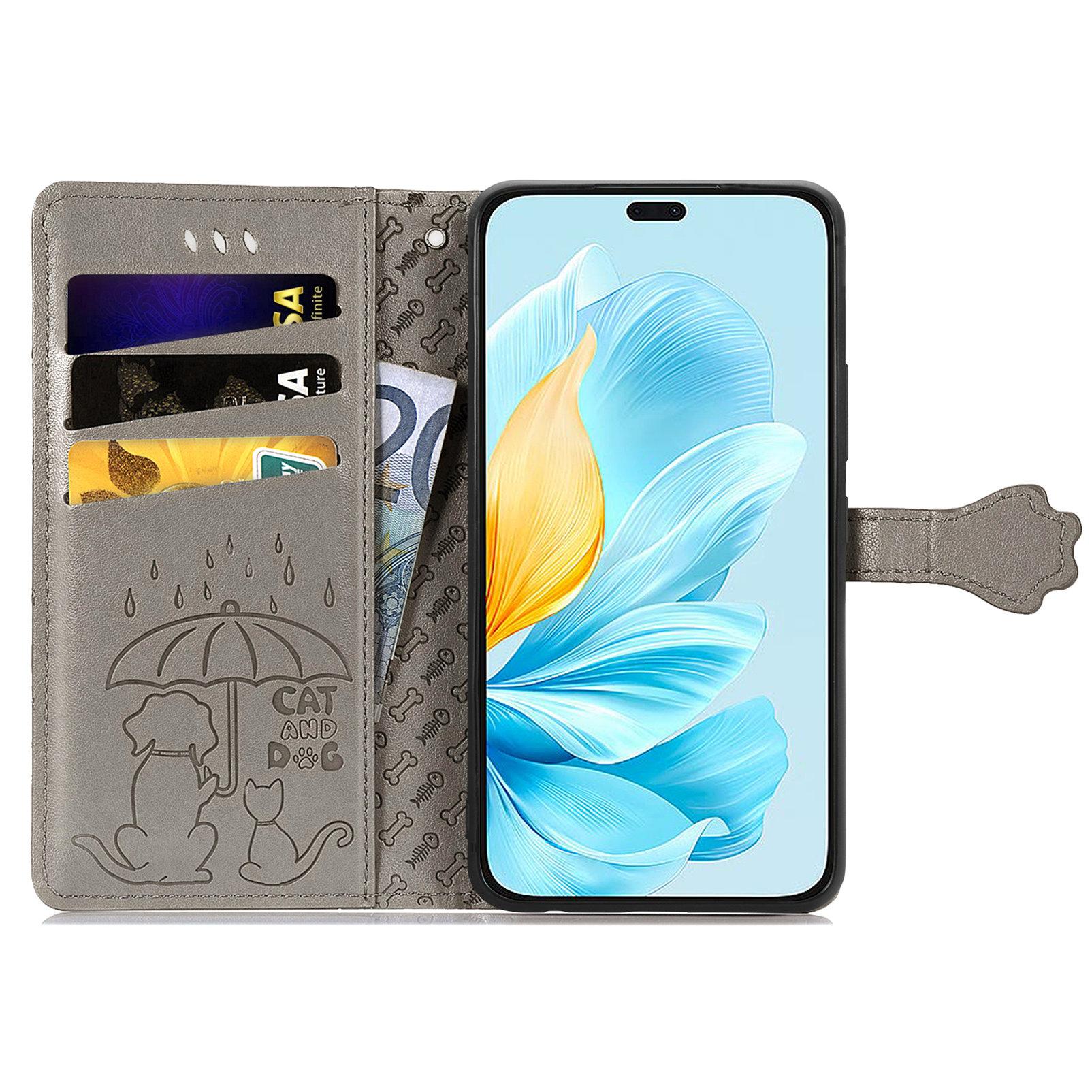 

For Honor 200 Lite Case Cute Cat Dog Pattern PU Leather Phone Cover Grey