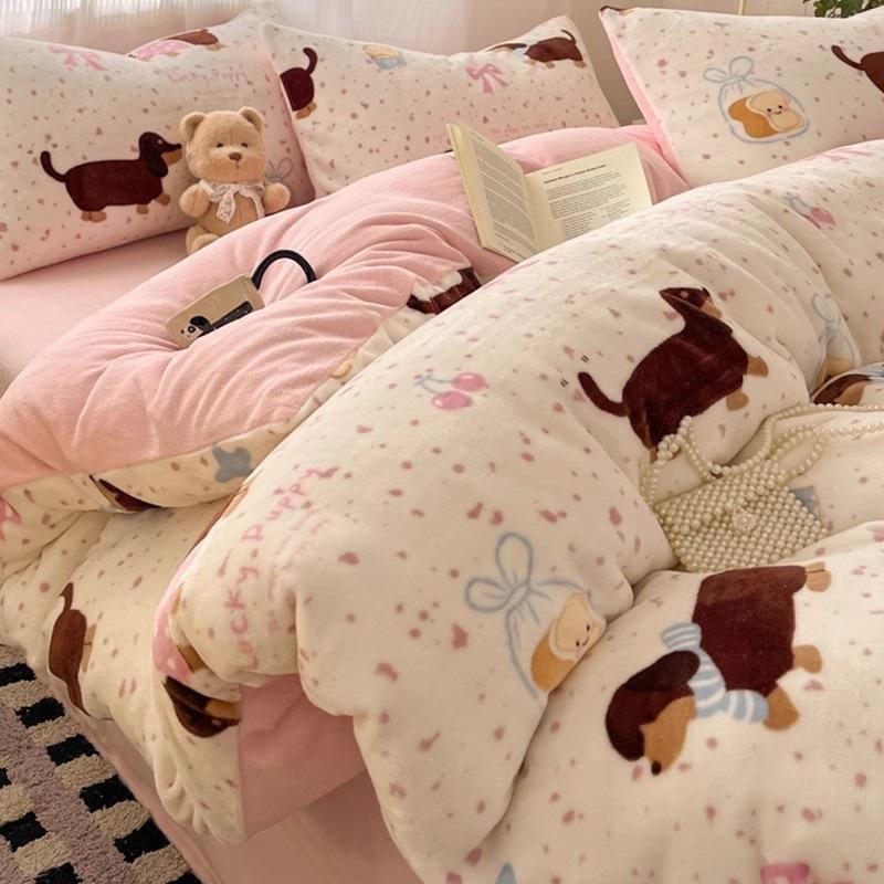 

Утолщенный комплект из четырех предметов из молочного флиса для кровати, милый кружевной пододеяльник из кораллового флиса, комплект из трех предметов с флисовой простыней 3pcof sheets 150x200 quilt