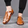 Fashion New Men's Solid-Color Leather Breathable Casual Sandals Retro Clasp Cutout Beach Shoe Comfortable Round-Toe Anti-Slip Flat Shoes