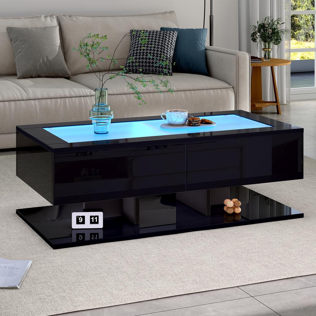 100*50*35cm Coffee Table, High Gloss Sofa Table, Living Room Table with Drawers, Coffee Table with LED Light, Glass Top, Black