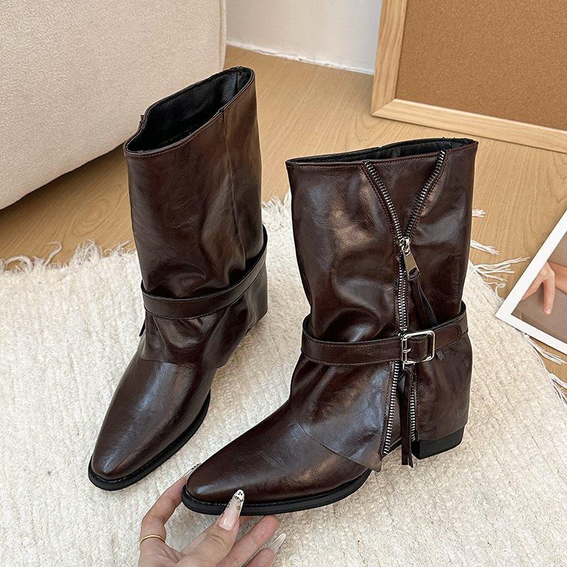 Pants heightened medium boots trendy belt buckle short boots large size pointed tip fashionable new zipper travel