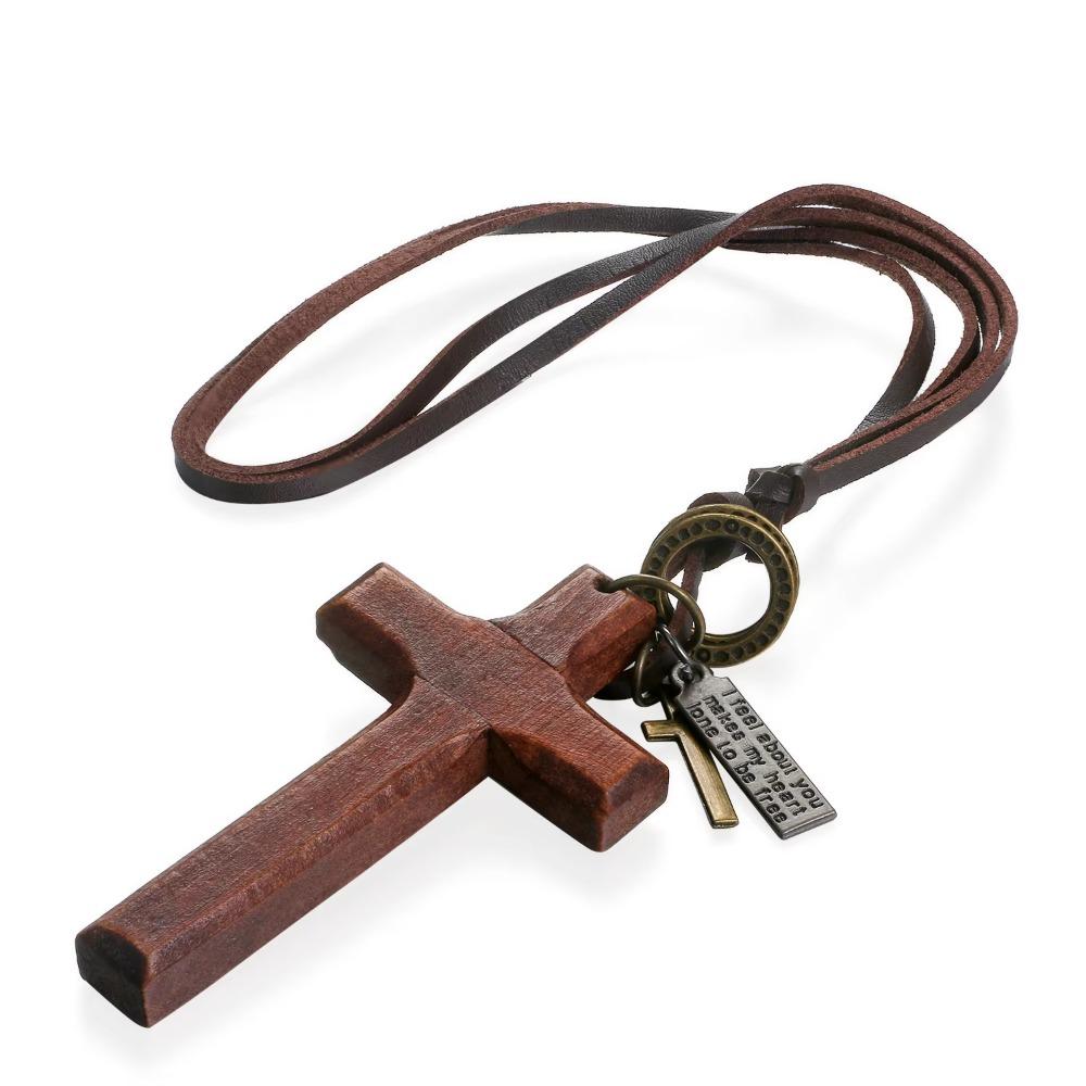 Religious Handmade Cross Necklace Metal Tags Crucifix Pendant Chain Wood Cross Necklace  Church