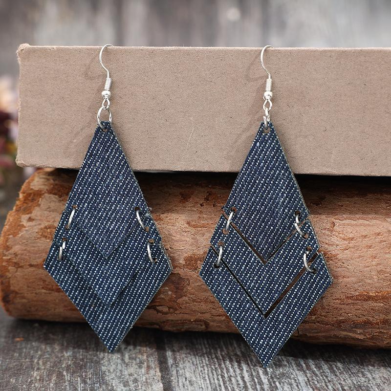 Amazon Denim Style Geometric Stitching Multi-layer Pu Leather Women's Earrings