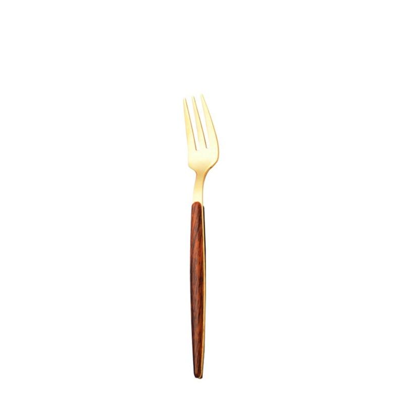 Retro Wooden Handle Stainless Steel Dinnerware Gold-Plateing Elegant Western Food Fork Spoon Knife Tableware