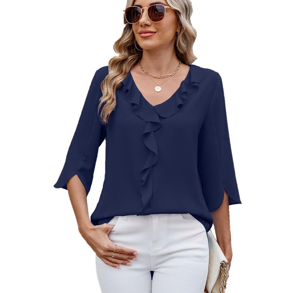 Women's V‑Neck Ruffled Trim 3/4 Split Sleeve Blouse Regular Fit Casual Solid Polyester Chiffon Top
