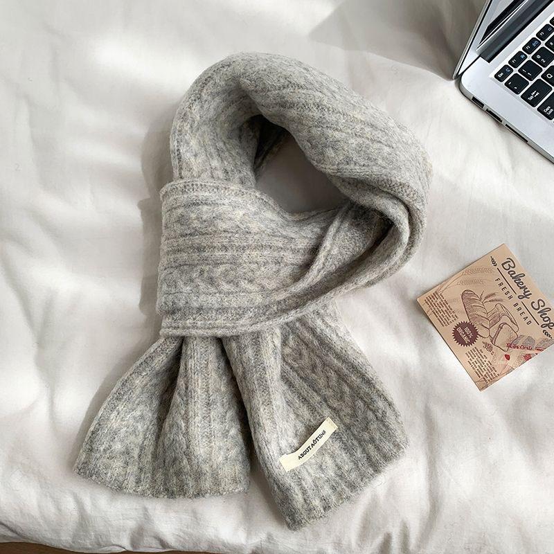 New Solid Color Twist Knitted White Green Scarf for Women in Winter with Wool Warm Scarf Korean Style Student Versatile