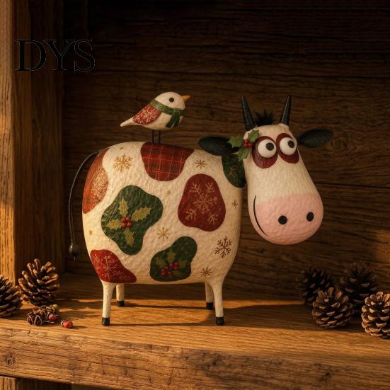 Rustic Farmhouse Shelf Decorations Creative Cow Sculpture with Bird, Resin Animal Figurine, Pastoral Statue, Gifts for Housewarming Artistic Tabletop