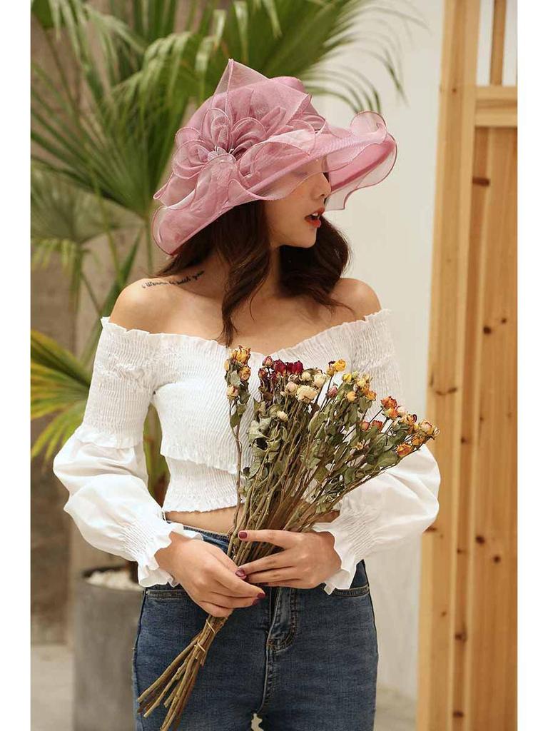 Women's Bright Color Sun Protection Hat - Breathable Organza with Single Flower for Spring/Summer Beach Travel
