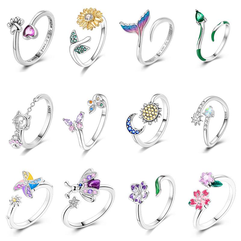 Adjustable Rings Copper Mermaid Wing Dragon Sunflower Tulip Open Rings For Women Female Original Engagement Jewelry