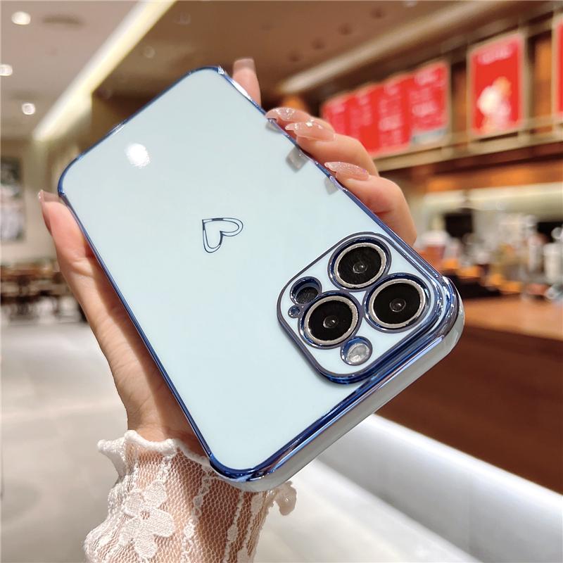 Luxury Square Plating Love Heart Phone Case For iPhone 13 12 Mini 11 Pro Max X XR XS Candy Bnmper On 7 8 Plus SE  Soft Cover