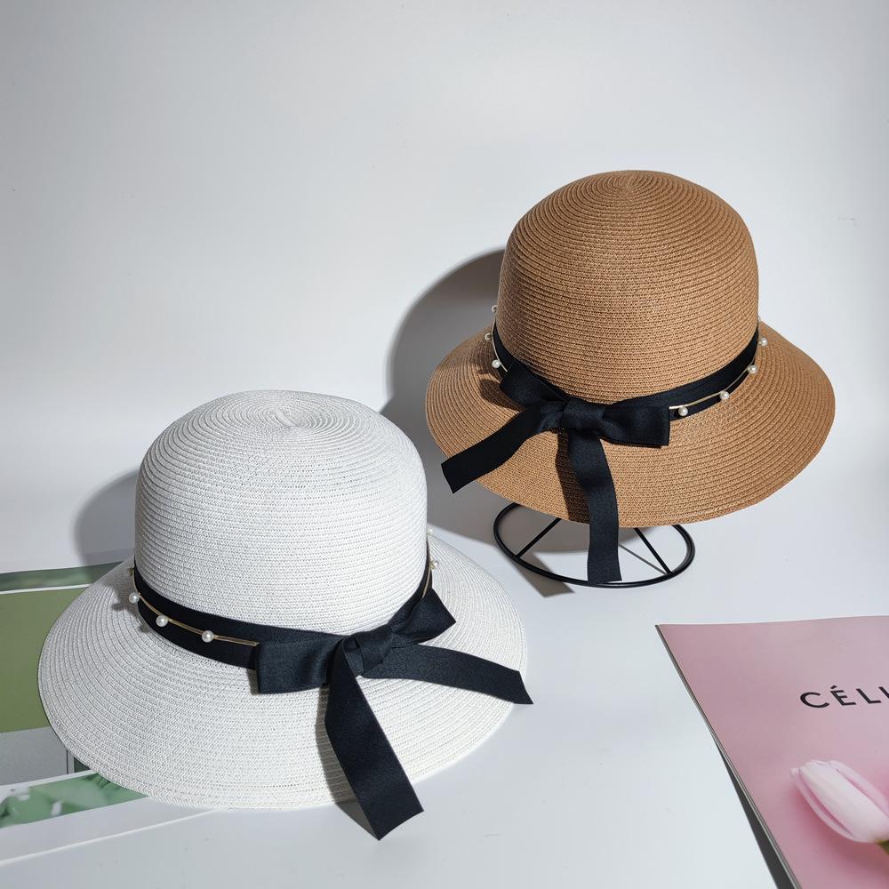 French Retro Bow Hepburn Straw Hat Women's Summer Sunscreen Sunshade Bucket Hat Seaside Vacation Beach Hat