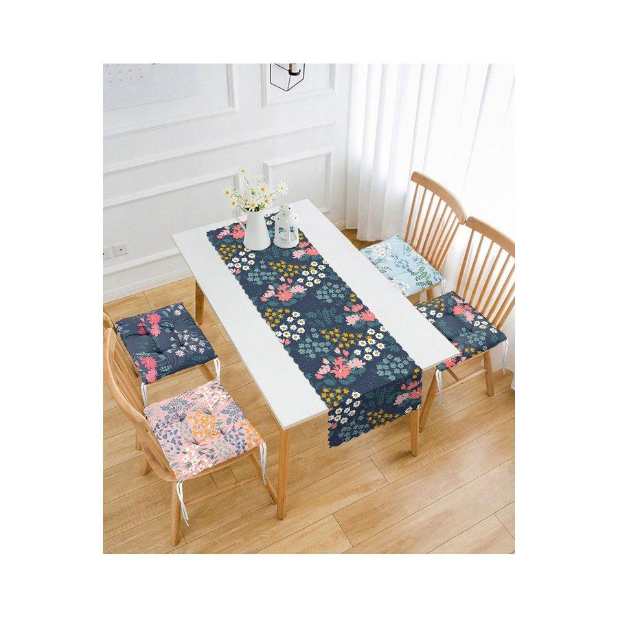 Conjunto de almofadas de cadeira impressas digitalmente com design de padrão de flor / 4 peças de almofadas de cadeira quadradas de 40 × 40 cm e corredor de 1 peça