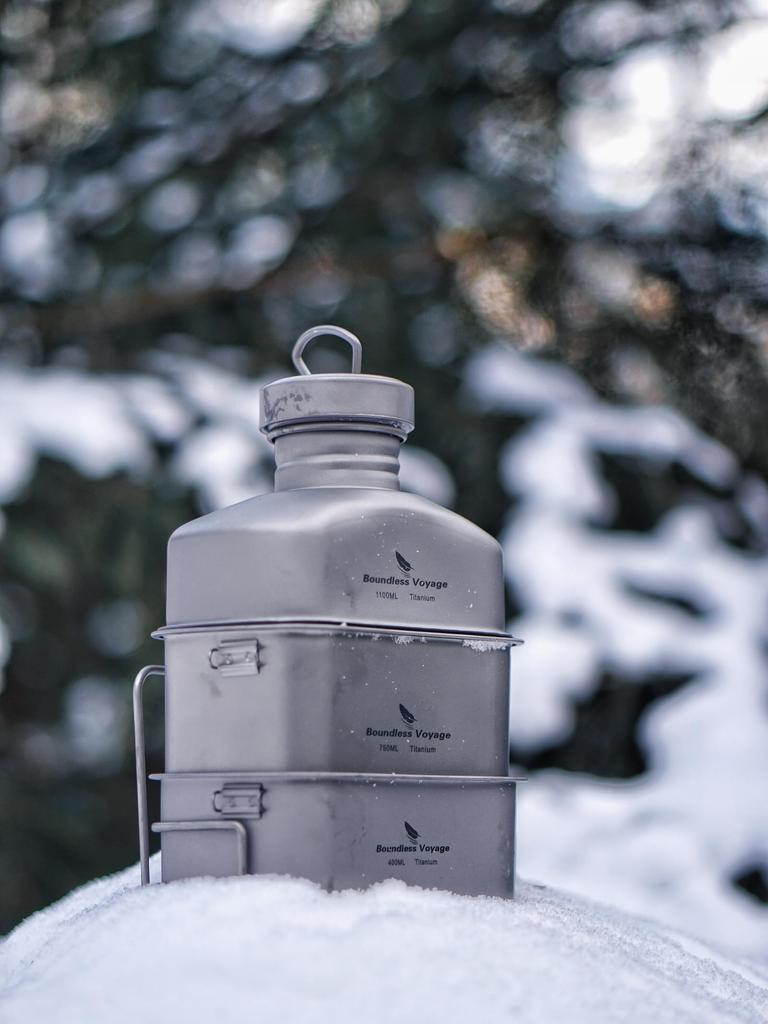 Boundless Voyage Titanium Military Canteen Titanium Canteen Meal Cooker Set Mess Kit Matte 3 Piece Set (400ml+750ml+1100ml Ti2049C)