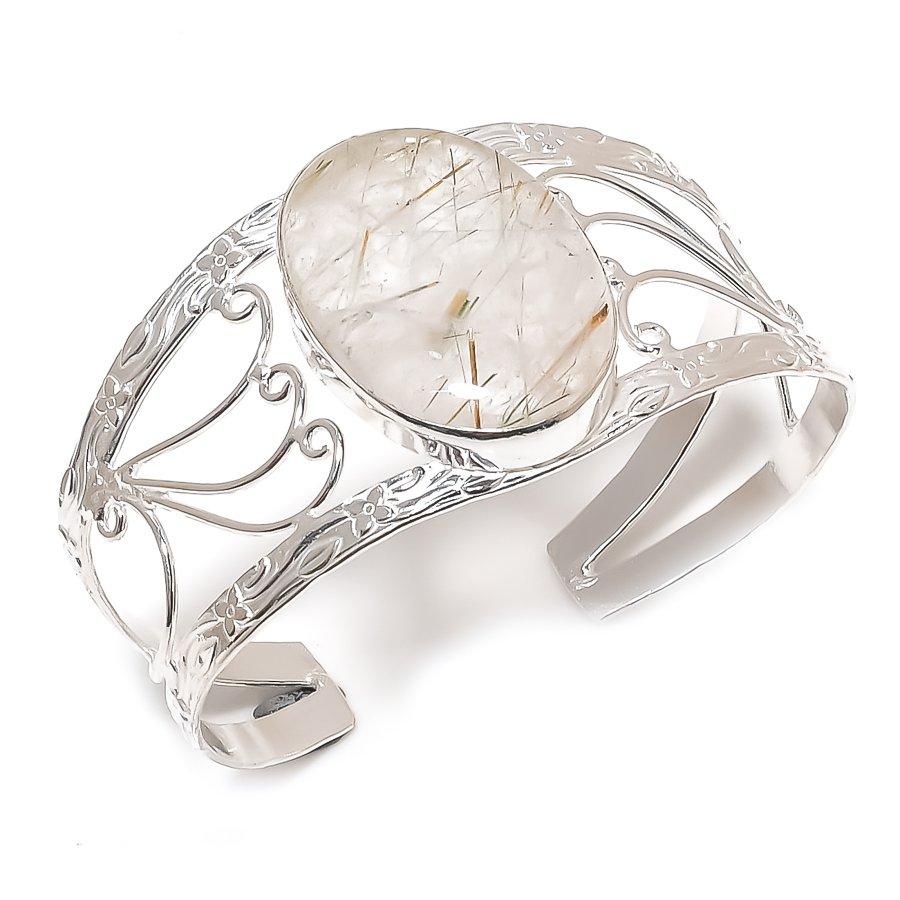 

Натуральный Золотистый Рутил Драгоценный Камень 925 Стерлинговое Серебро Манжета Браслет Регулируемый N4v16