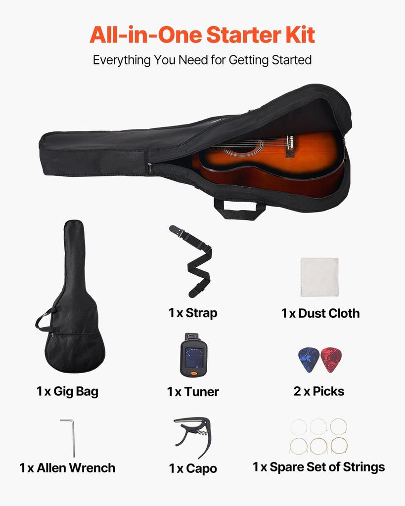 40 Zoll Dreadnought Akustikgitarre Anfänger-Bundle Gigbag Erwachsener Sunburst