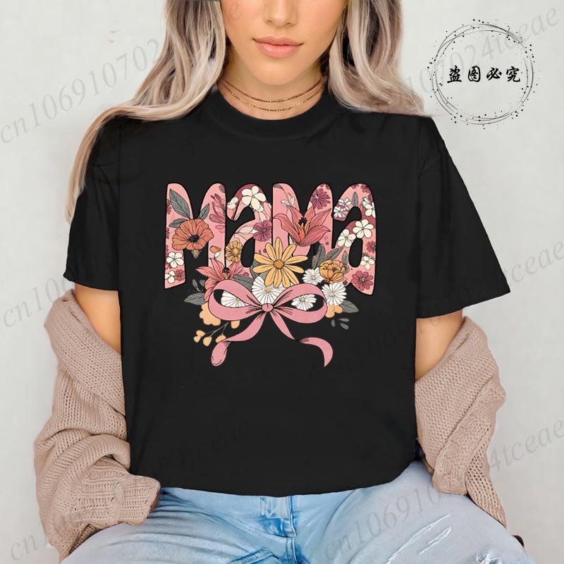 Floral Coquette T-Shirt,Pink Bow Tee Floral Mama T-Shirt for Women Vintage Retro Mama Shirt Wildflowers Mama Women's Clothing