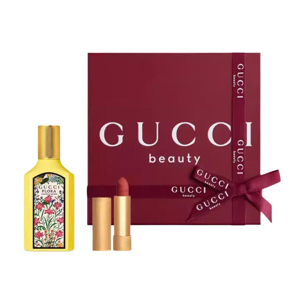 Gucci Rouge à Lèvres Mat Lipstick With Gucci Flora Gorgeous Orchid Eau De Parfum Gift Box Set Perfume 50ml+Velvet Matte Lipstick #217