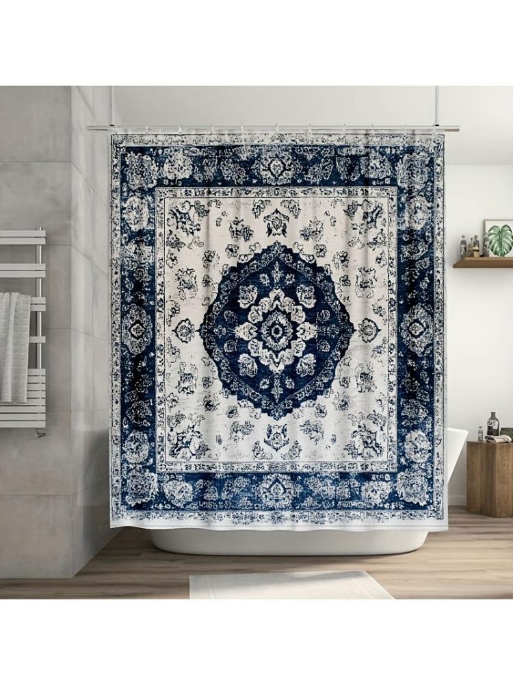 

Elegant White & Blue Mandala Shower Curtain, Durable Polyester, Easy-Clean, With Hooks For Bathroom/Bathtub/Window Decor W60H190(CM)-1 Pcs