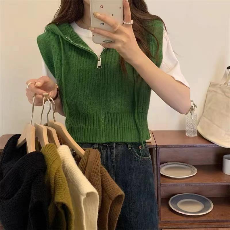 Hooded Vest Women's Versatile Solid Color Cardigan Short Casual Style Jacket Top