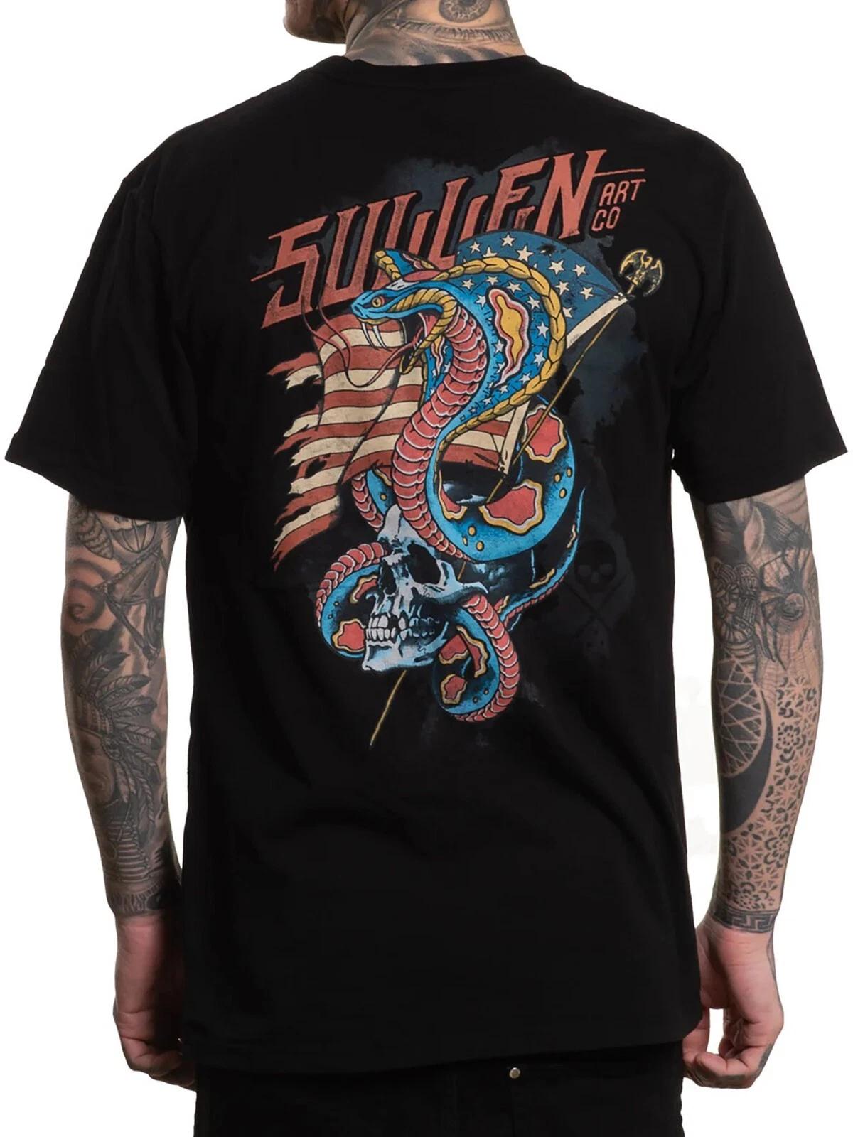 

Sullen Men s Americobra Short Sleeve Premium T-shirt Tattoo Skull Flag Logo Tee 2XL