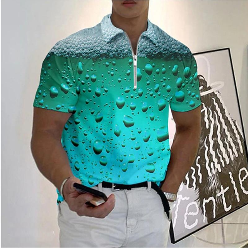 Casual Lapel T-shirt Young Men's Fashion Zipper T-shirt Short Sleeve T-shirt Men's 3D Beer Printing Print T Shirt